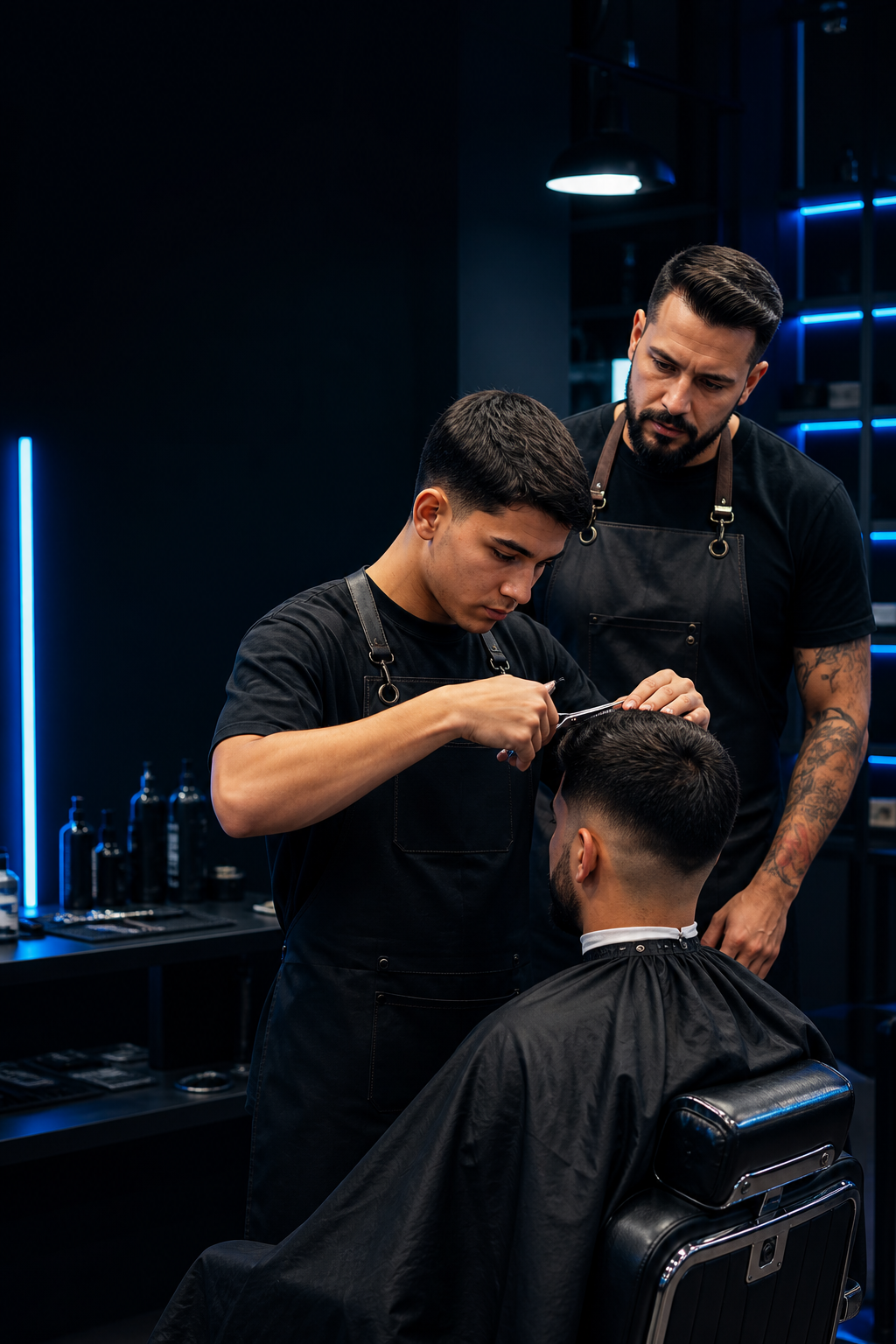 aluno aprendendo corte masculino em ambiente de barbearia com acompanhamento presencial
