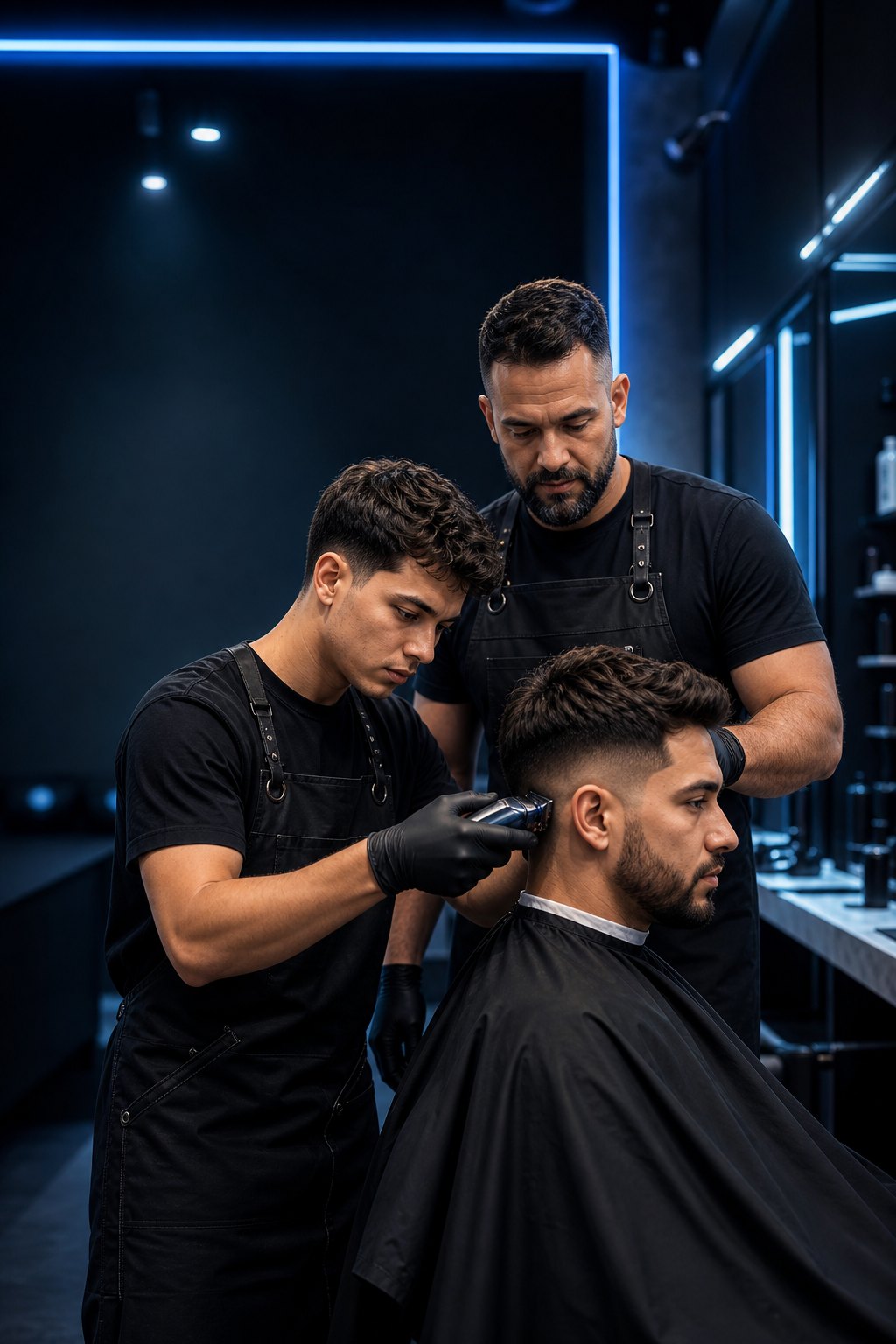 aluno em treinamento de barbearia com instrutor acompanhando execução técnica