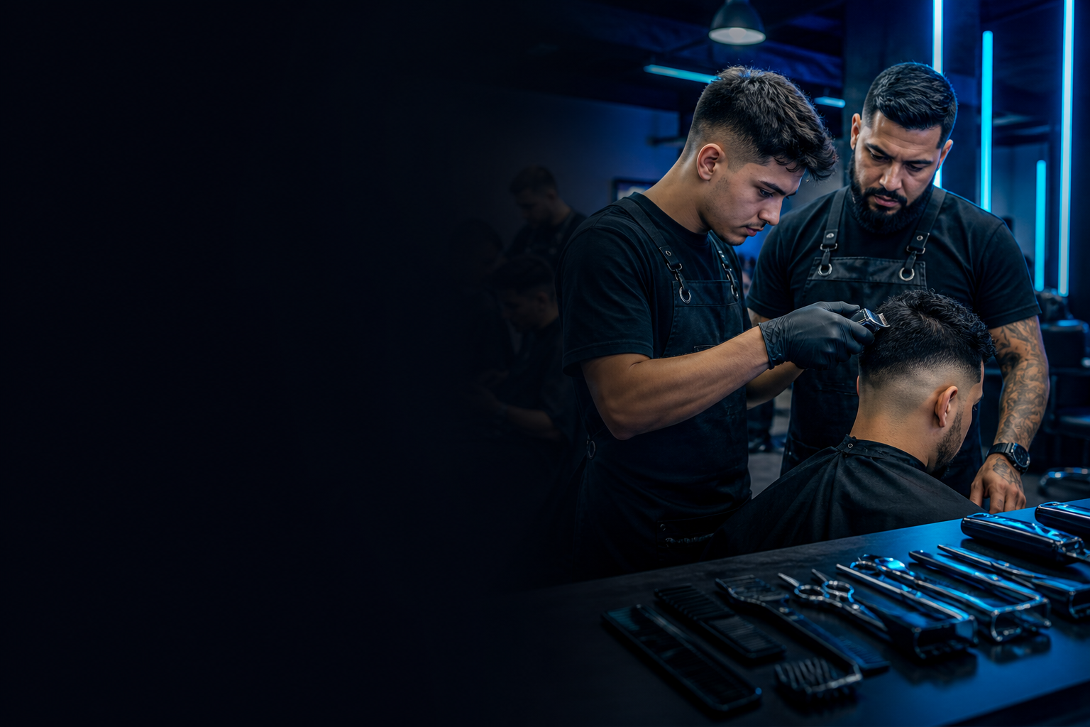 barbearia profissional com aluno em prática, instrumentos de corte e ambiente de formação presencial